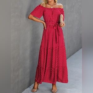 SHEIN Poka Dot off the Shoulder Belted Dress